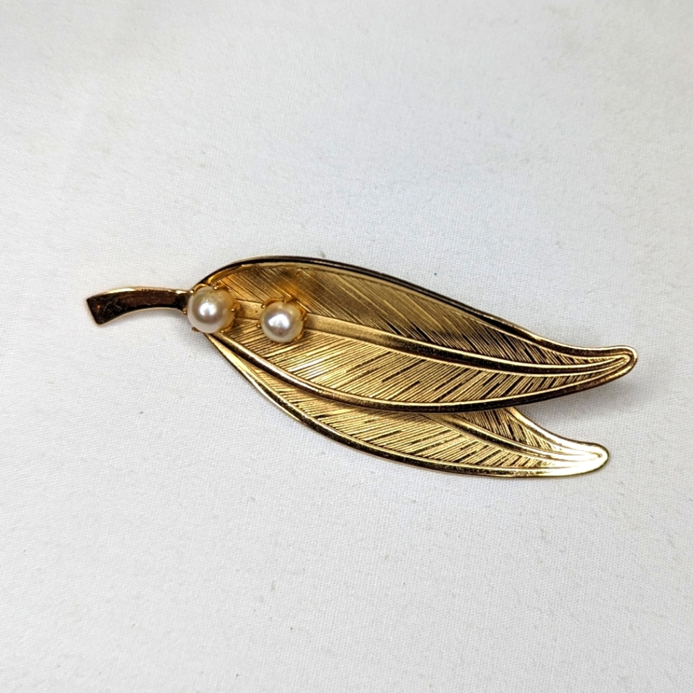 Vintage Double Leaf & Pearl Brooch Pin